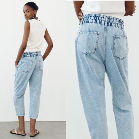 ZARA High-Waisted Paperbag Baggy Blue Jeans Style Z1975 Size 2 - Picture 2 of 16